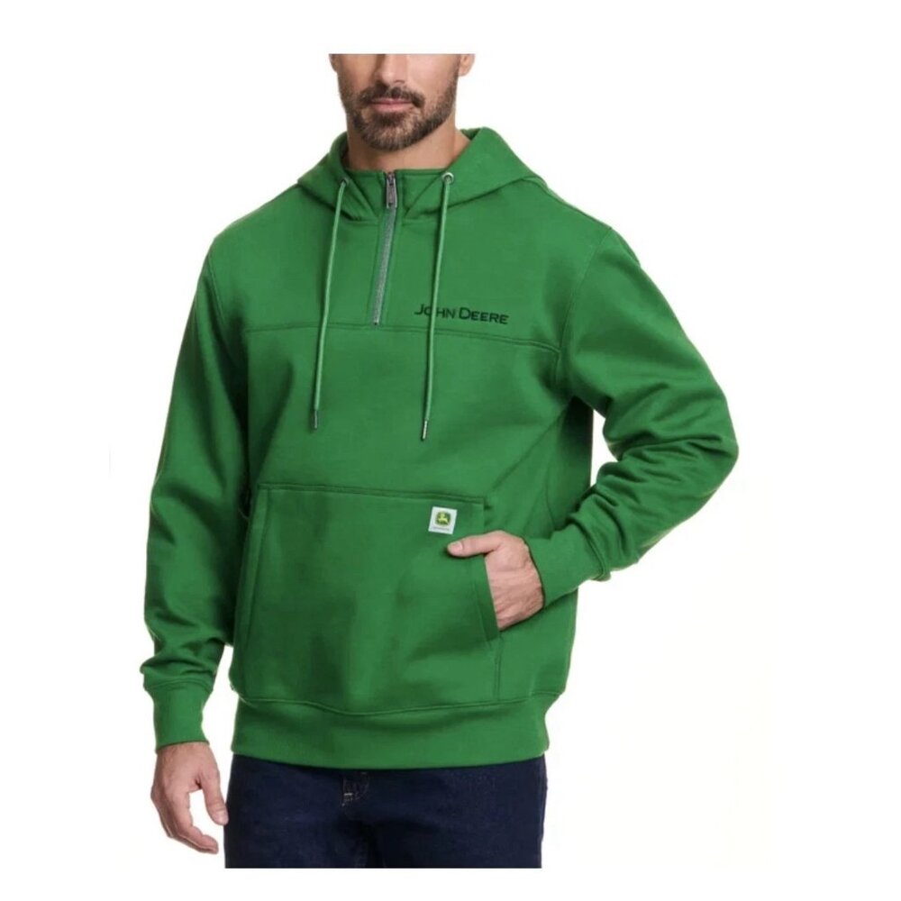 John Deere Men's Green Quarter Zip Hoodie Heavyweight Cotton Pullover S NWT